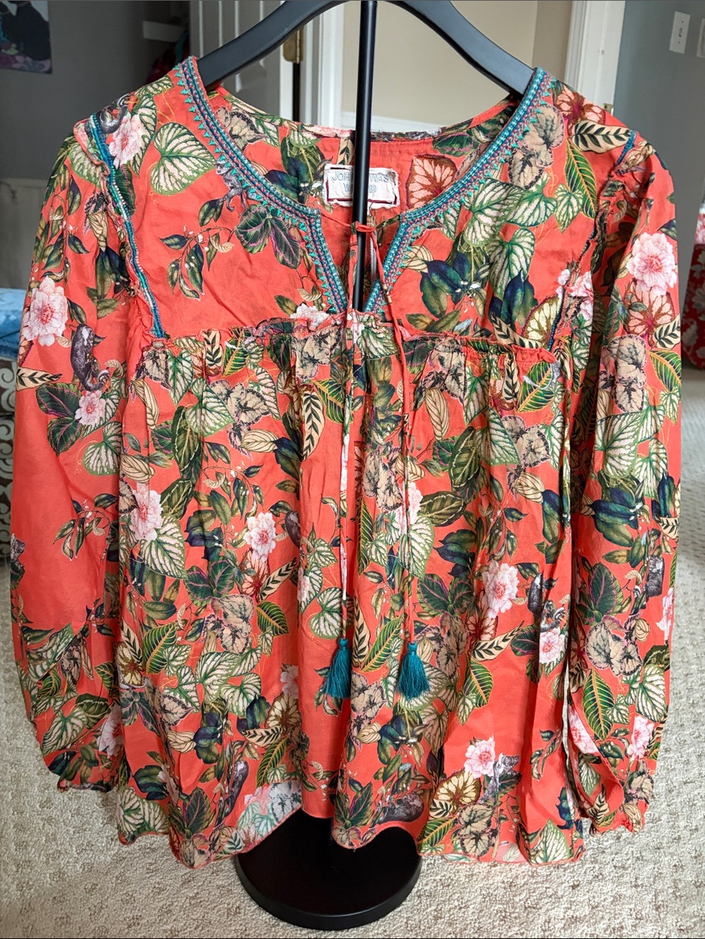 Johnny Was Coral Floral Tie-Front Peasant Blouse